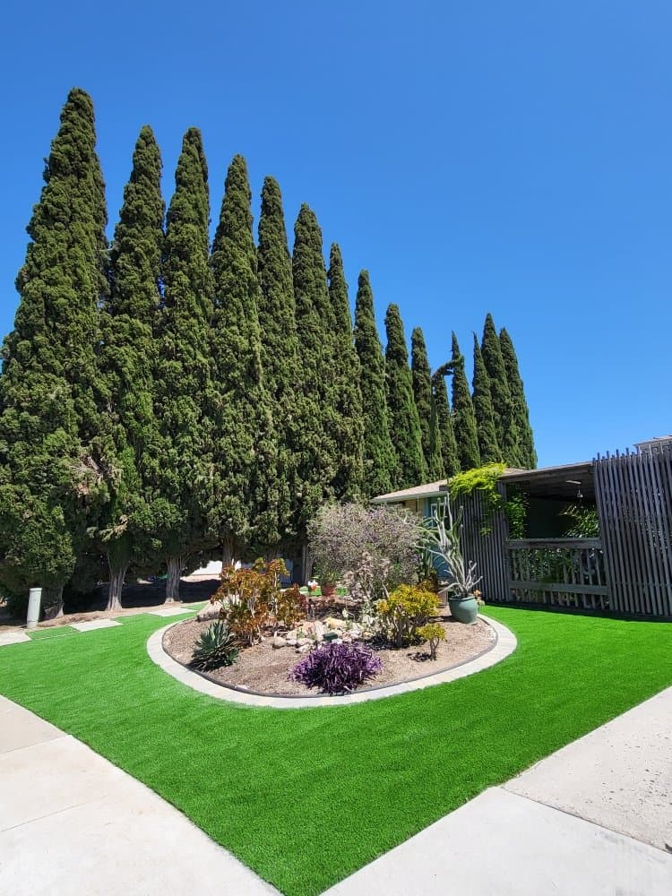 Bright green artificial turf lawn with a clean concrete border installed in a San Diego front yard